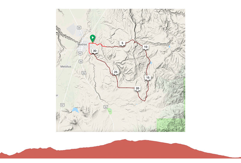 Map and elevation for Poke the Bear bike ride in Madras, OR