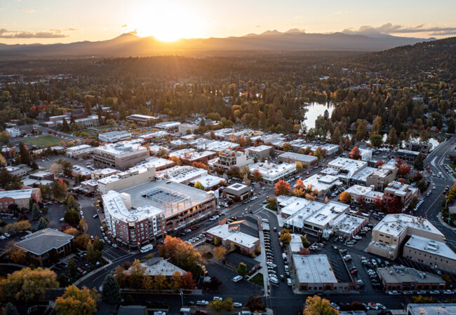 Aerial photo of Visitor Center building in downtown Bend.
