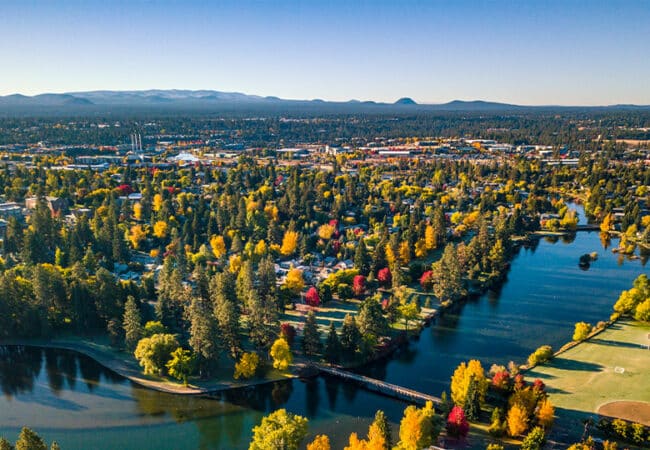 Aerial view of Fall Foliage in Downtown Bend, Oregon.