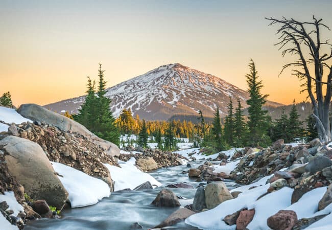 View of Mt. Bachelor from a snow covered trail near Bend, Oregon.