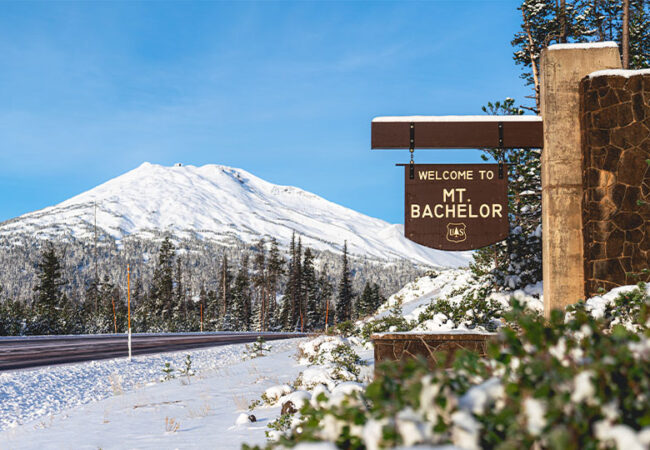 Mt. Bachelor sign on the drive to the ski area in Bend, Oregon.