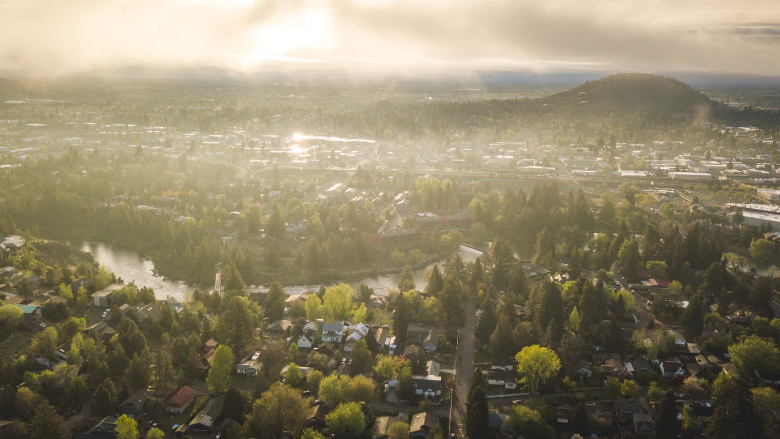 Drone image of Bend, OR in spring.
