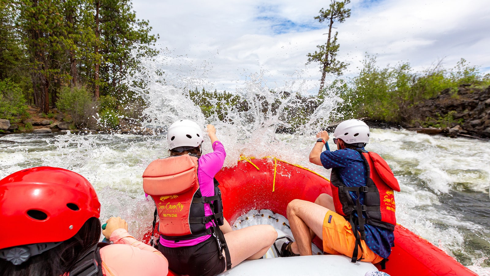 Group rafting on the river in Bend, Oregon.