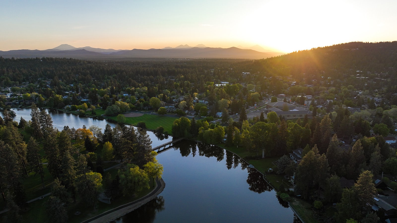 Aerial View of Drake Park in downtown Bend, Oregon.